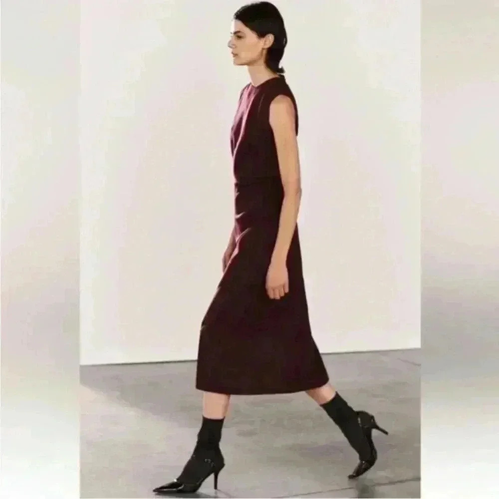 NWT ZARA DRESS ZW COLLECTION BURGUNDY LINED WOOL A LINE SLIGHT FLARE - Picture 2 of 5